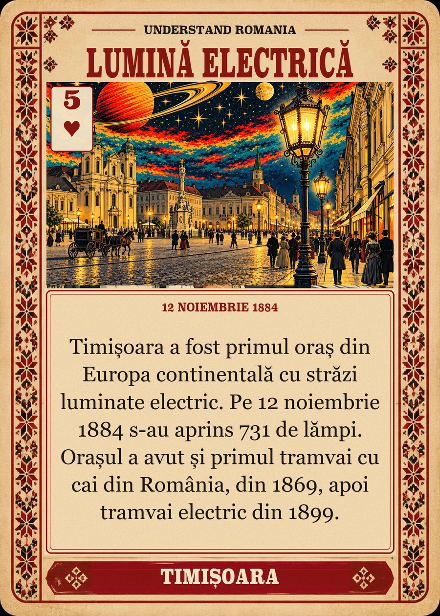 LUMINĂ ELECTRICĂ — 12 noiembrie 1884. Timișoara a fost primul oraș din Europa continentală cu străzi luminate electric. Pe 12 noiembrie 1884 s-au aprins 731 de lămpi. Orașul a avut și primul tramvai cu cai din România, din 1869, apoi tramvai electric din 1899.