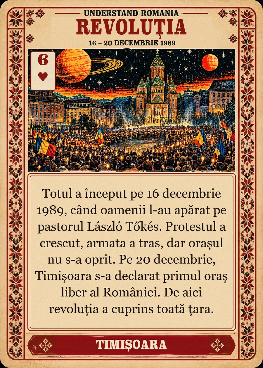 REVOLUȚIA — 16 – 20 decembrie 1989. Totul a început pe 16 decembrie 1989, când oamenii l-au apărat pe pastorul László Tőkés. Protestul a crescut, armata a tras, dar orașul nu s-a oprit. Pe 20 decembrie, Timișoara s-a declarat primul oraș liber al României. De aici revoluția a cuprins toată țara.