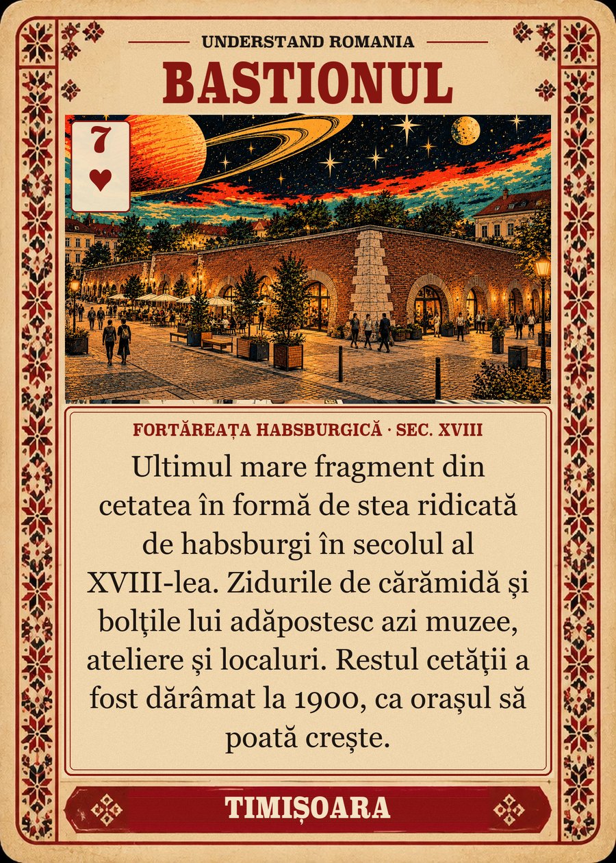 BASTIONUL — fortăreața habsburgică · sec. XVIII. Ultimul mare fragment din cetatea în formă de stea ridicată de habsburgi în secolul al XVIII-lea. Zidurile de cărămidă și bolțile lui adăpostesc azi muzee, ateliere și localuri. Restul cetății a fost dărâmat la 1900, ca orașul să poată crește.