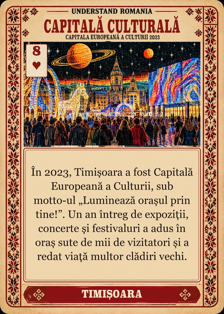 CAPITALĂ CULTURALĂ — Capitala Europeană a Culturii 2023. În 2023, Timișoara a fost Capitală Europeană a Culturii, sub motto-ul „Luminează orașul prin tine!”. Un an întreg de expoziții, concerte și festivaluri a adus în oraș sute de mii de vizitatori și a redat viață multor clădiri vechi.