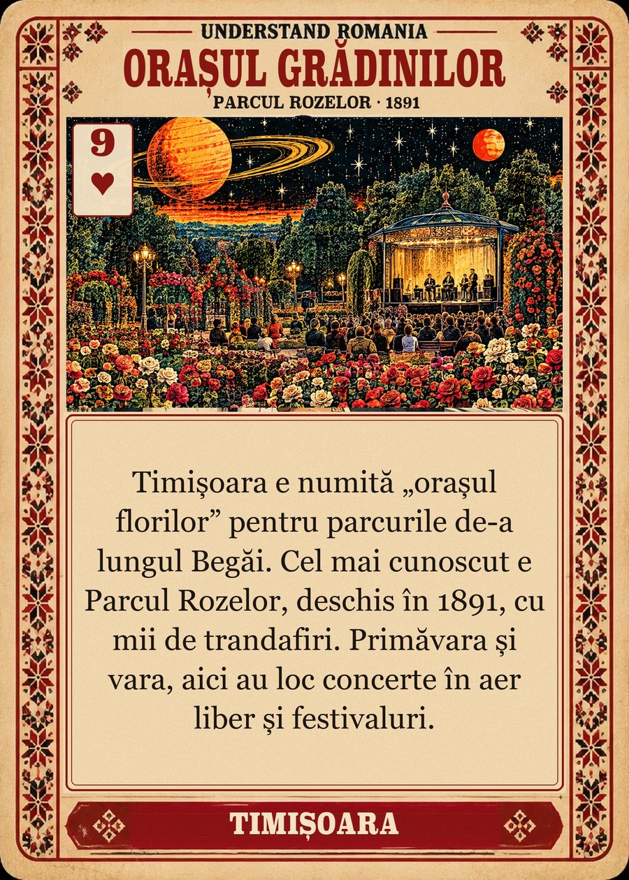 ORAȘUL FLORILOR — Parcul Rozelor · 1891. Timișoara e numită „orașul florilor” pentru parcurile de-a lungul Begăi. Cel mai cunoscut e Parcul Rozelor, deschis în 1891, cu mii de trandafiri. Primăvara și vara, aici au loc concerte în aer liber și festivaluri.