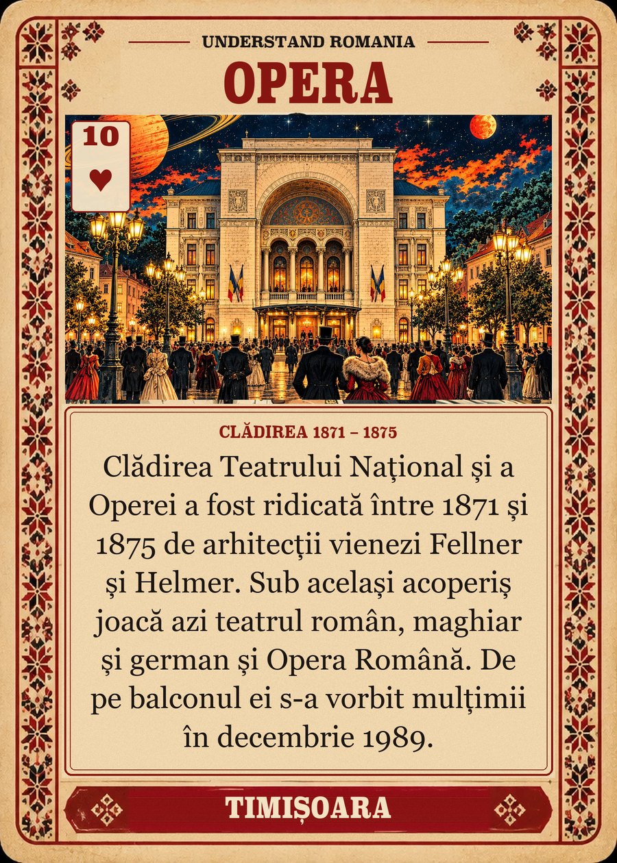 OPERA — clădirea 1871 – 1875. Clădirea Teatrului Național și a Operei a fost ridicată între 1871 și 1875 de arhitecții vienezi Fellner și Helmer. Sub același acoperiș joacă azi teatrul român, maghiar și german și Opera Română. De pe balconul ei s-a vorbit mulțimii în decembrie 1989.