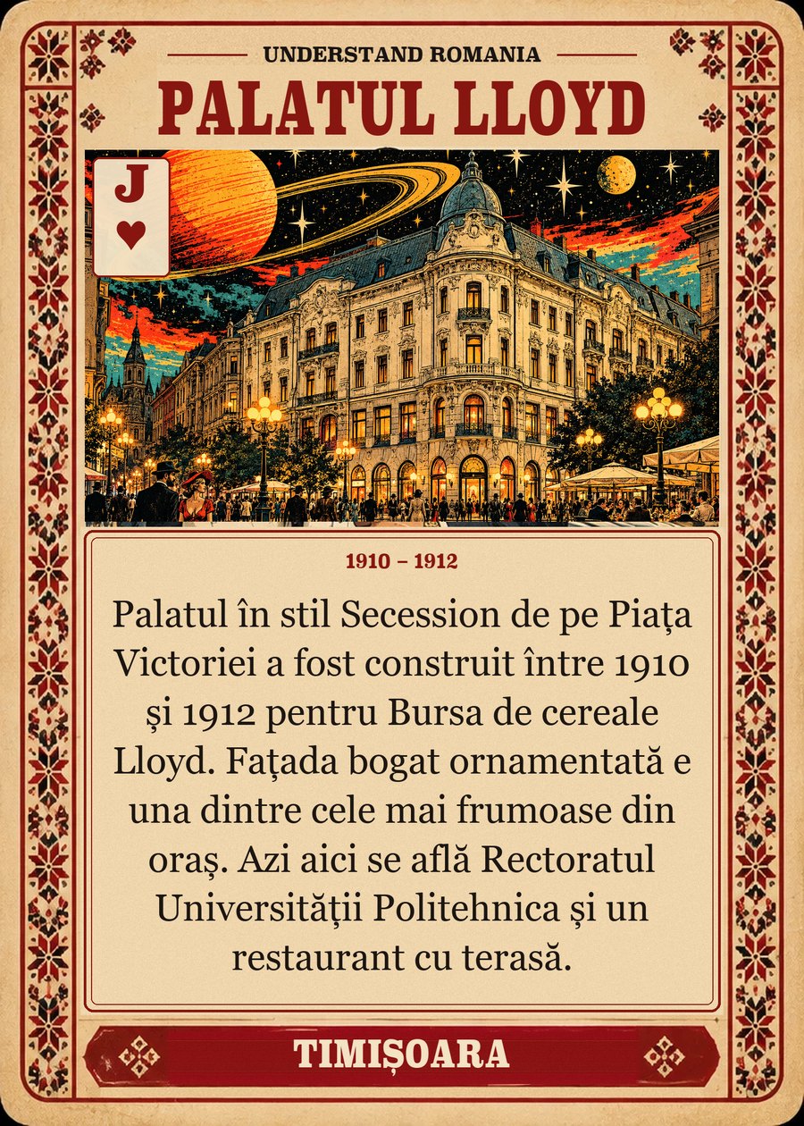 PALATUL LLOYD — 1910 – 1912. Palatul în stil Secession de pe Piața Victoriei a fost construit între 1910 și 1912 pentru Bursa de cereale Lloyd. Fațada bogat ornamentată e una dintre cele mai frumoase din oraș. Azi aici se află Rectoratul Universității Politehnica și un restaurant cu terasă.