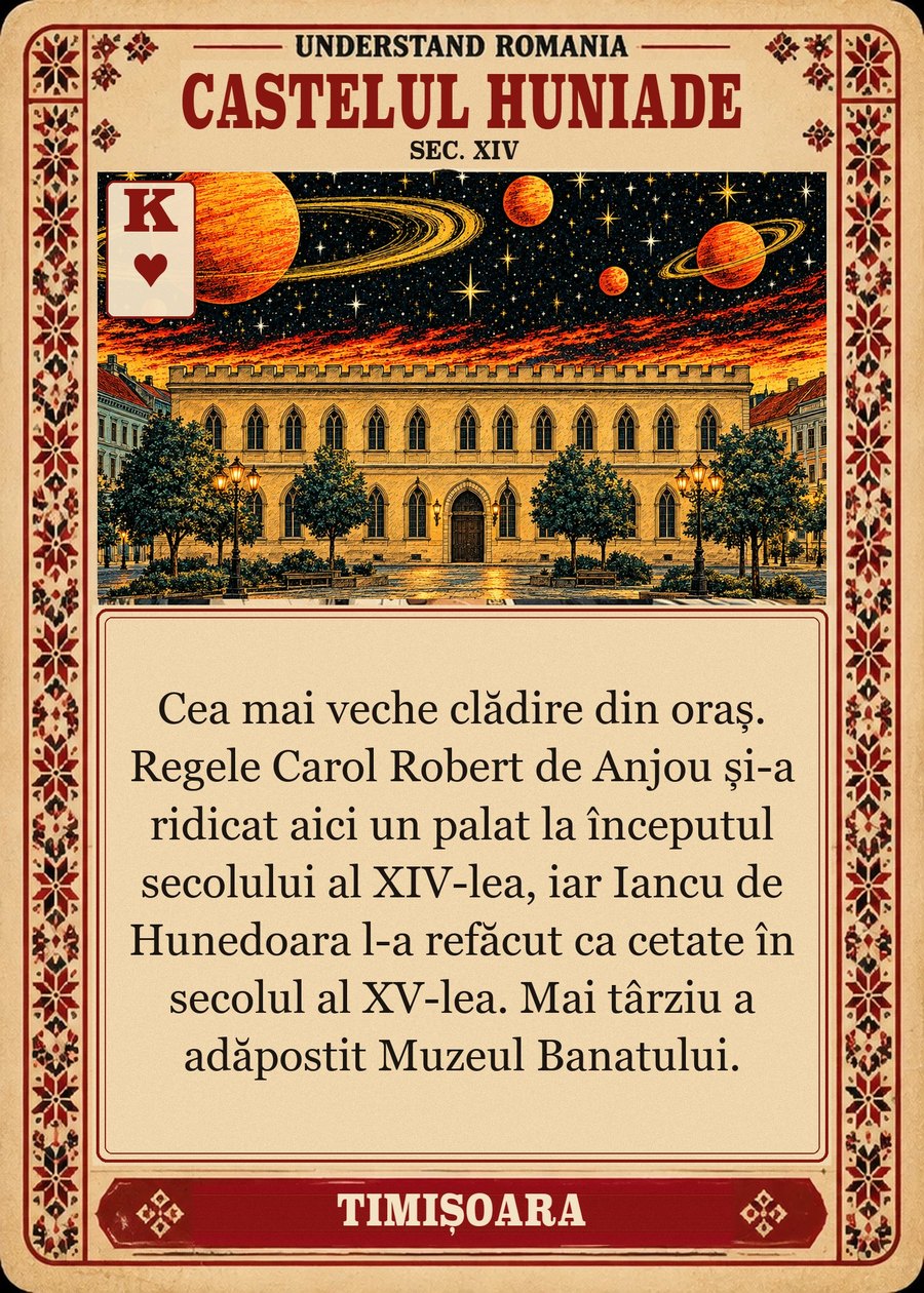 CASTELUL HUNIADE — sec. XIV. Cea mai veche clădire din oraș. Regele Carol Robert de Anjou și-a ridicat aici un palat la începutul secolului al XIV-lea, iar Iancu de Hunedoara l-a refăcut ca cetate în secolul al XV-lea. Mai târziu a adăpostit Muzeul Banatului.