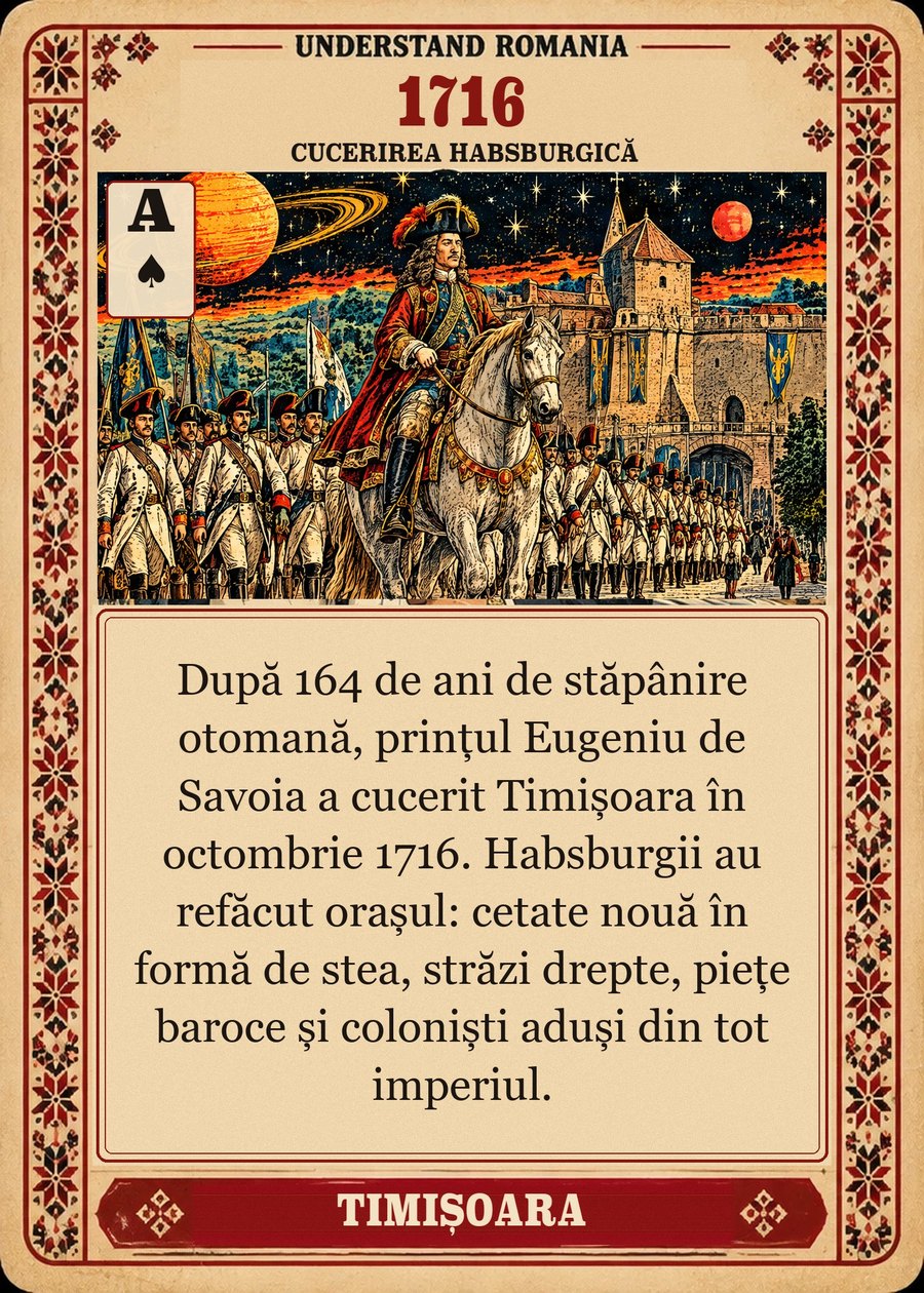 1716 — cucerirea habsburgică. După 164 de ani de stăpânire otomană, prințul Eugeniu de Savoia a cucerit Timișoara în octombrie 1716. Habsburgii au refăcut orașul: cetate nouă în formă de stea, străzi drepte, piețe baroce și coloniști aduși din tot imperiul.