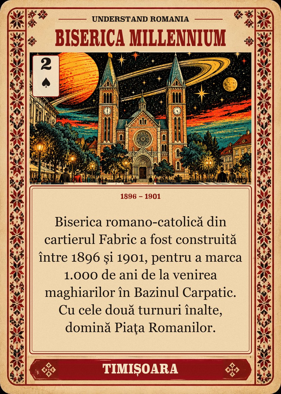 BISERICA MILLENNIUM — 1896 – 1901. Biserica romano-catolică din cartierul Fabric a fost construită între 1896 și 1901, pentru a marca 1.000 de ani de la venirea maghiarilor în Bazinul Carpatic. Cu cele două turnuri înalte, domină Piața Romanilor.