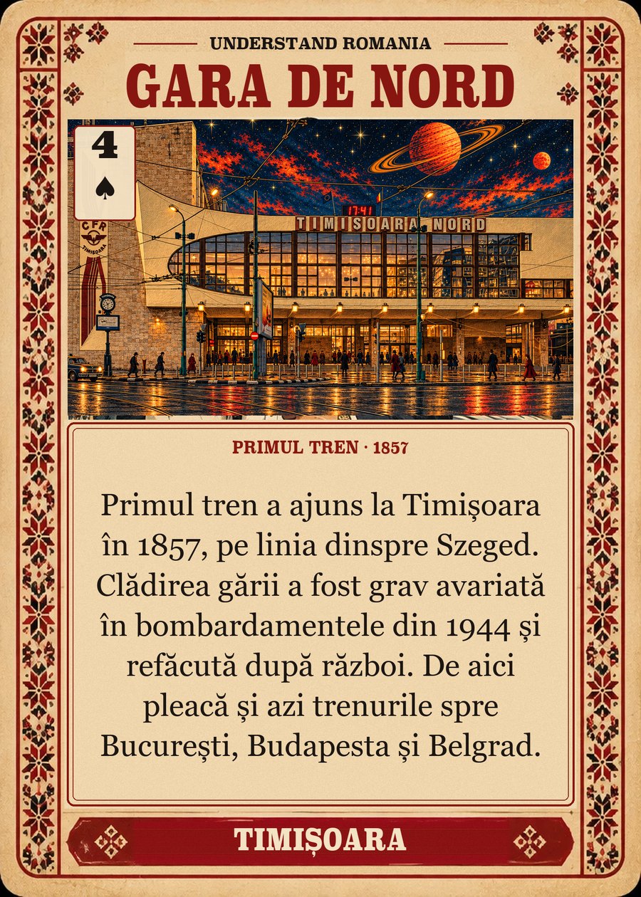 GARA DE NORD — primul tren · 1857. Primul tren a ajuns la Timișoara în 1857, pe linia dinspre Szeged. Clădirea gării a fost grav avariată în bombardamentele din 1944 și refăcută după război. De aici pleacă și azi trenurile spre București, Budapesta și Belgrad.