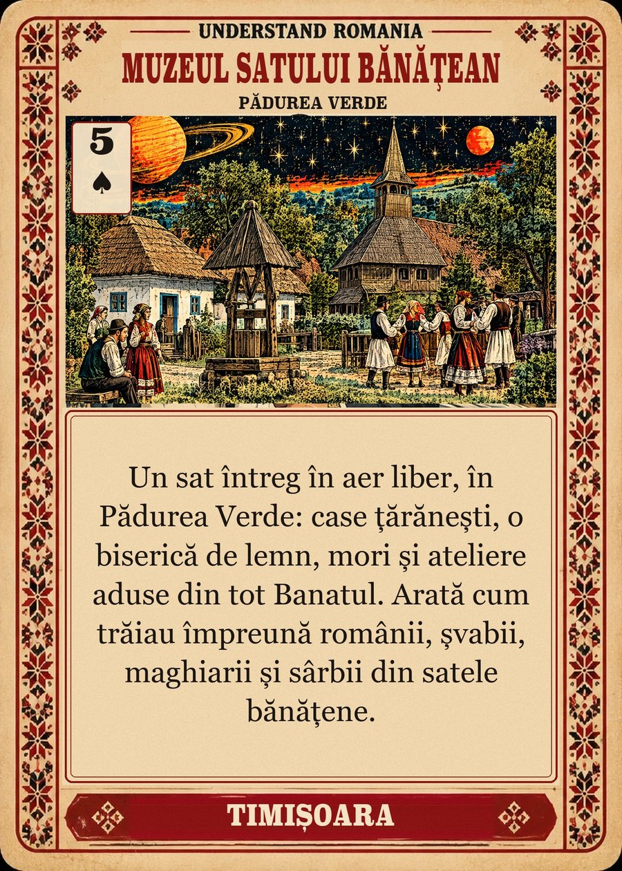 MUZEUL SATULUI BĂNĂȚEAN — Pădurea Verde. Un sat întreg în aer liber, în Pădurea Verde: case țărănești, o biserică de lemn, mori și ateliere aduse din tot Banatul. Arată cum trăiau împreună românii, șvabii, maghiarii și sârbii din satele bănățene.