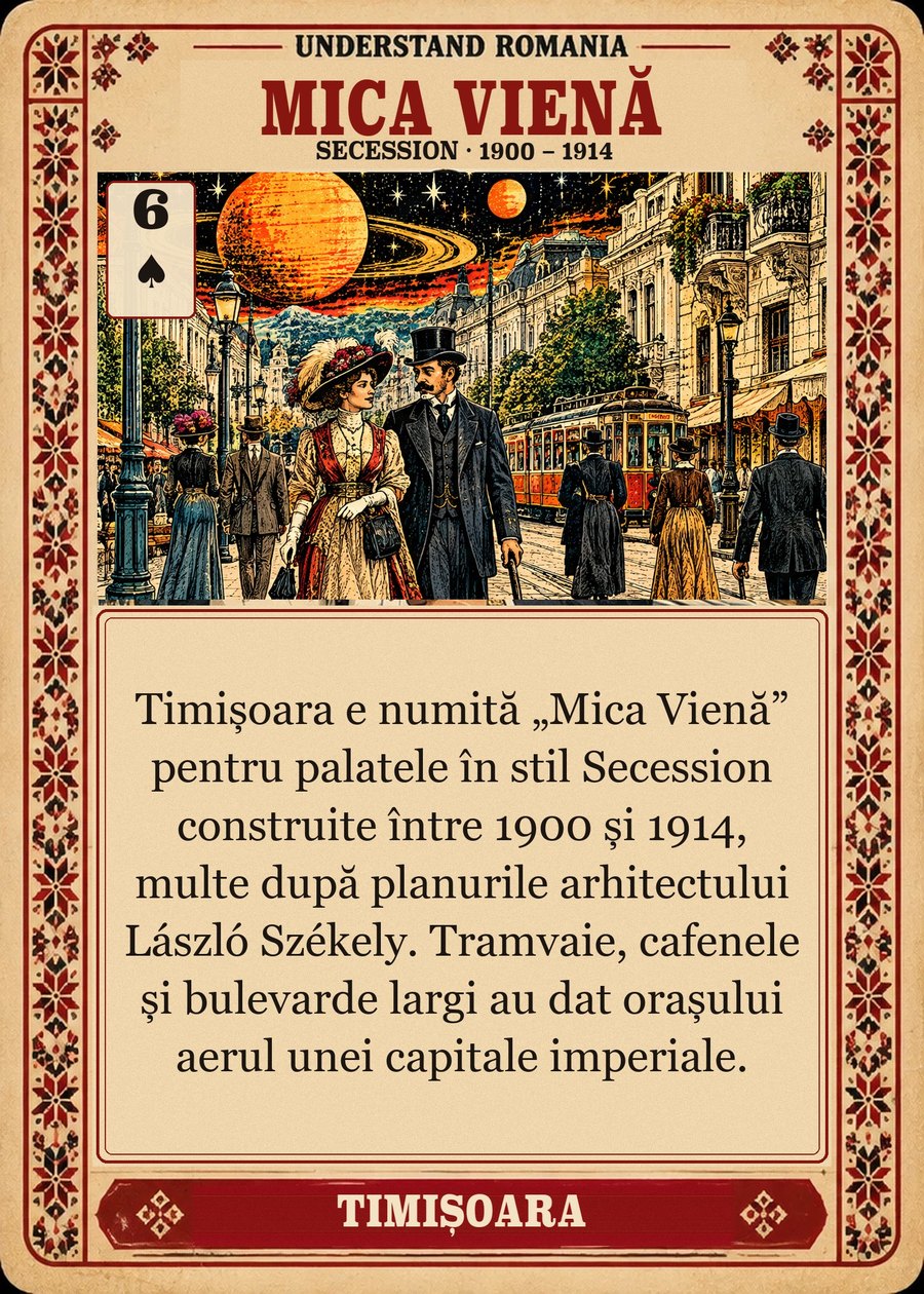 MICA VIENĂ — Secession · 1900 – 1914. Timișoara e numită „Mica Vienă” pentru palatele în stil Secession construite între 1900 și 1914, multe după planurile arhitectului László Székely. Tramvaie, cafenele și bulevarde largi au dat orașului aerul unei capitale imperiale.