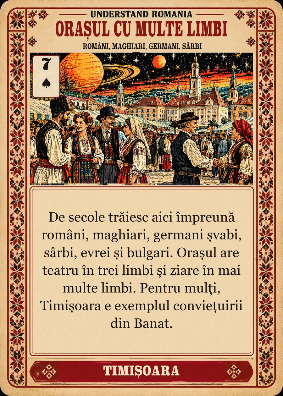 ORAȘUL CU MULTE LIMBI — români, maghiari, germani, sârbi. De secole trăiesc aici împreună români, maghiari, germani șvabi, sârbi, evrei și bulgari. Orașul are teatru în trei limbi și ziare în mai multe limbi. Pentru mulți, Timișoara e exemplul conviețuirii din Banat.