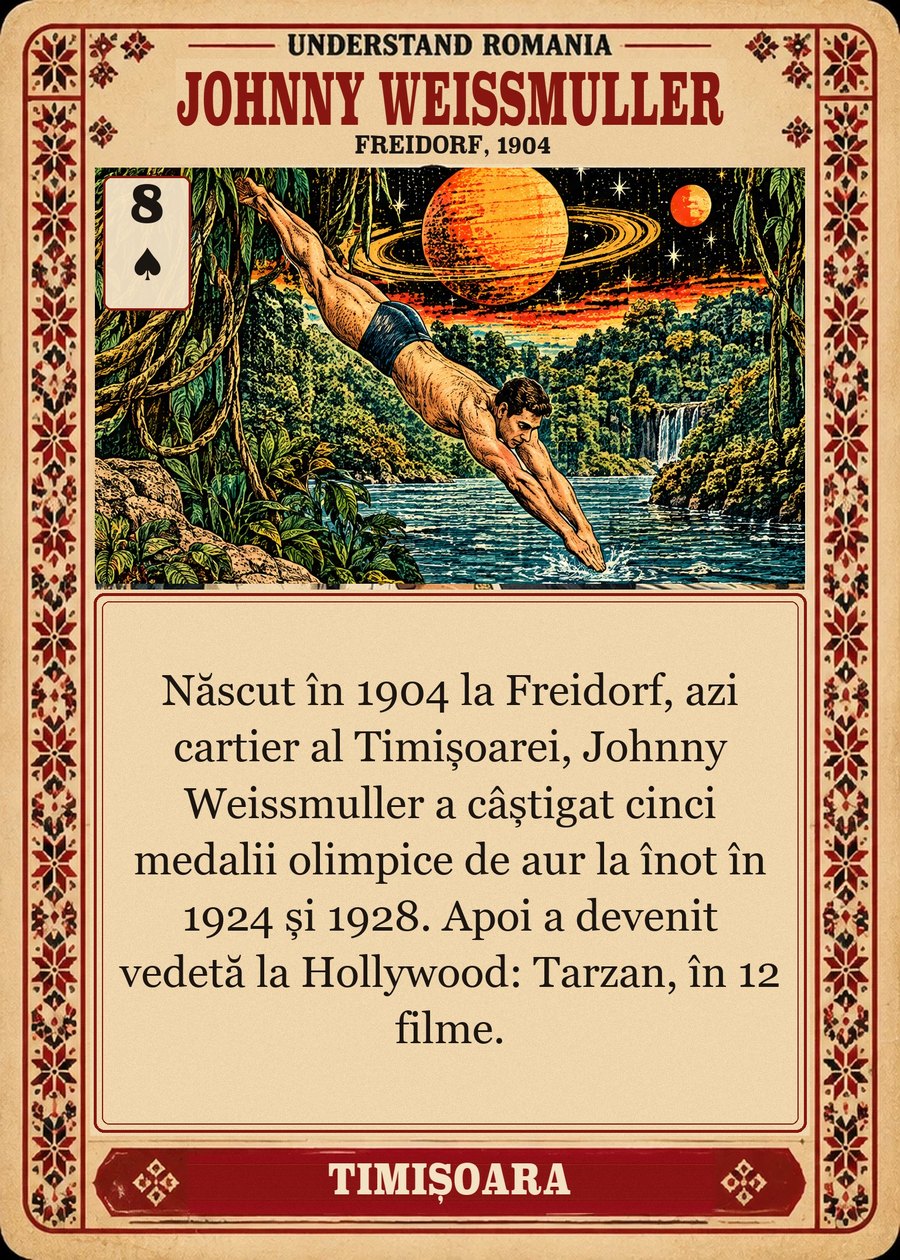 JOHNNY WEISSMULLER — Freidorf, 1904. Născut în 1904 la Freidorf, azi cartier al Timișoarei, Johnny Weissmuller a câștigat cinci medalii olimpice de aur la înot în 1924 și 1928. Apoi a devenit vedetă la Hollywood: Tarzan, în 12 filme.