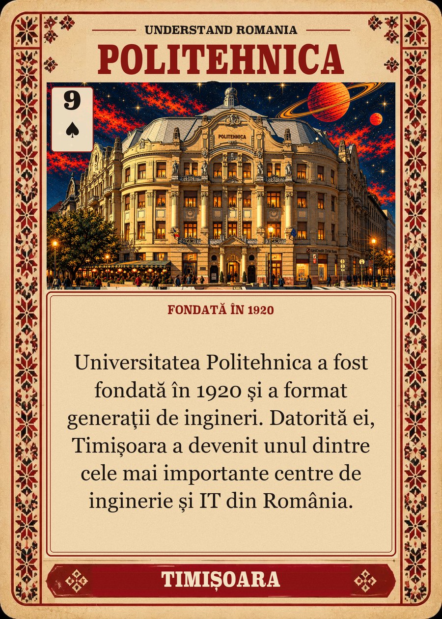 POLITEHNICA — fondată în 1920. Universitatea Politehnica a fost fondată în 1920 și a format generații de ingineri. Datorită ei, Timișoara a devenit unul dintre cele mai importante centre de inginerie și IT din România.