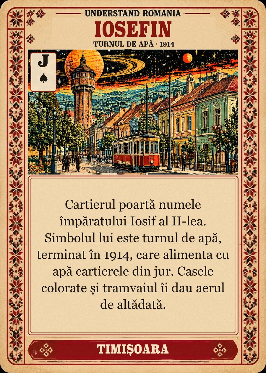 IOSEFIN — turnul de apă · 1914. Cartierul poartă numele împăratului Iosif al II-lea. Simbolul lui este turnul de apă, terminat în 1914, care alimenta cu apă cartierele din jur. Casele colorate și tramvaiul îi dau aerul de altădată.