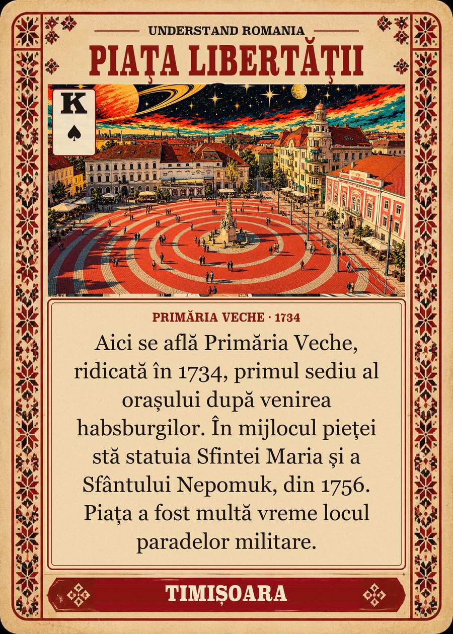PIAȚA LIBERTĂȚII — Primăria Veche · 1734. Aici se află Primăria Veche, ridicată în 1734, primul sediu al orașului după venirea habsburgilor. În mijlocul pieței stă statuia Sfintei Maria și a Sfântului Nepomuk, din 1756. Piața a fost multă vreme locul paradelor militare.