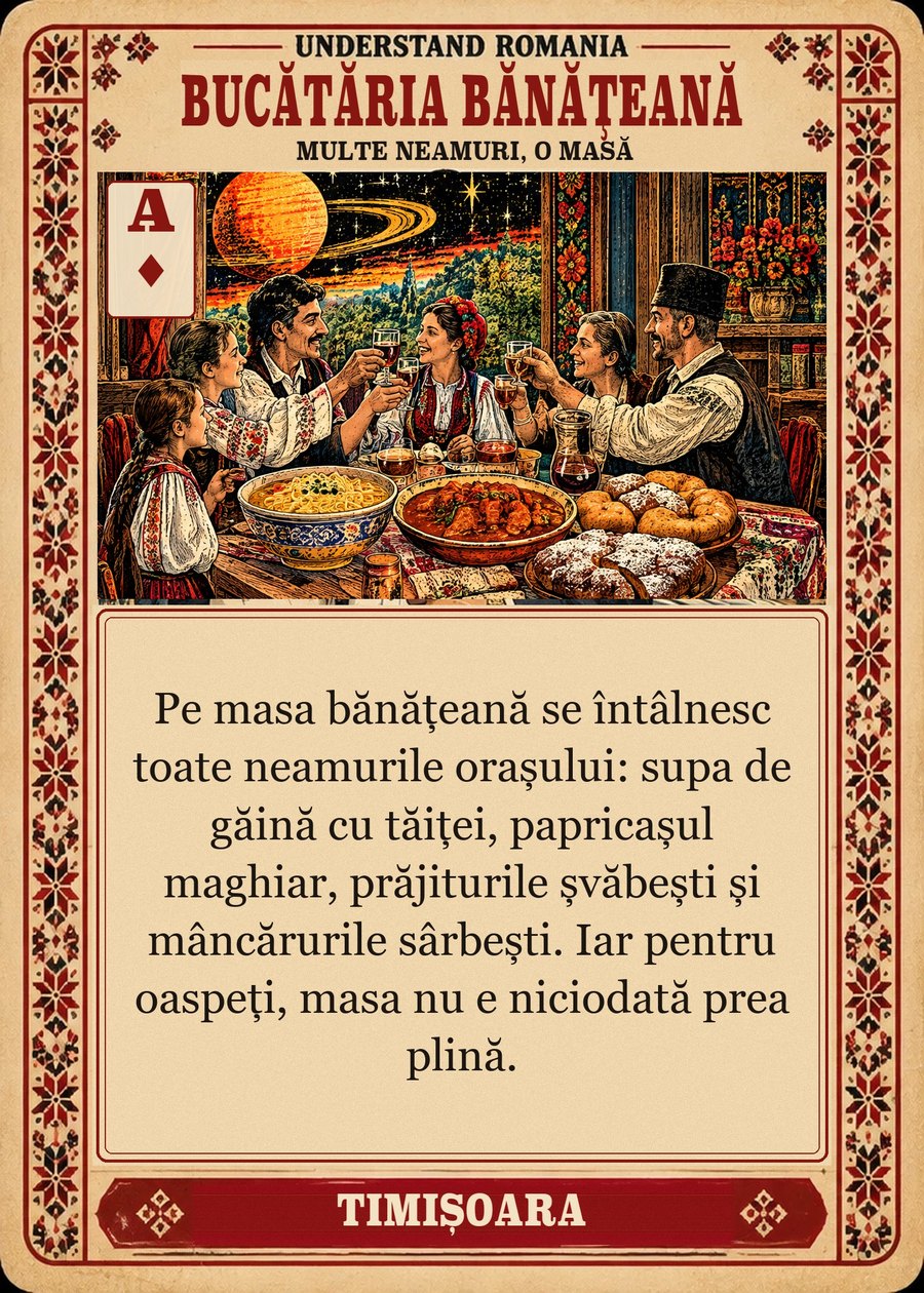 BUCĂTĂRIA BĂNĂȚEANĂ — multe neamuri, o masă. Pe masa bănățeană se întâlnesc toate neamurile orașului: supa de găină cu tăiței, papricașul maghiar, prăjiturile șvăbești și mâncărurile sârbești. Iar când vin oaspeți, masa nu e niciodată destul de plină.