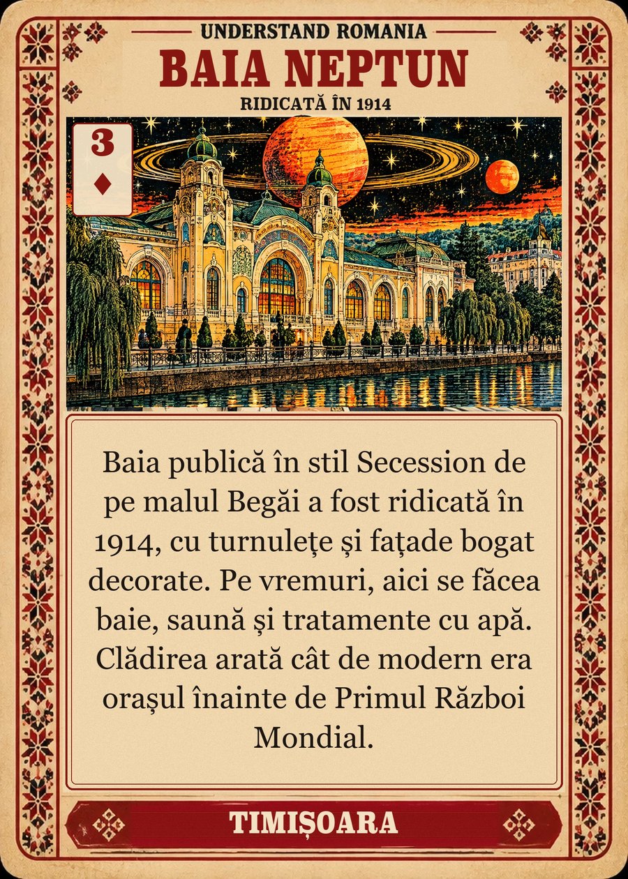 BAIA NEPTUN — ridicată în 1914. Baia publică în stil Secession de pe malul Begăi a fost ridicată în 1914, cu turnulețe și fațade bogat decorate. Pe vremuri, aici se făcea baie, saună și tratamente cu apă. Clădirea arată cât de modern era orașul înainte de Primul Război Mondial.