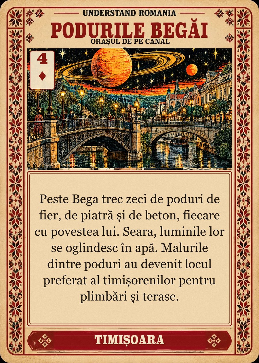 PODURILE BEGĂI — orașul de pe canal. Peste Bega trec zeci de poduri de fier, de piatră și de beton, fiecare cu povestea lui. Seara, luminile lor se oglindesc în apă. Malurile dintre poduri au devenit locul preferat al timișorenilor pentru plimbări și terase.