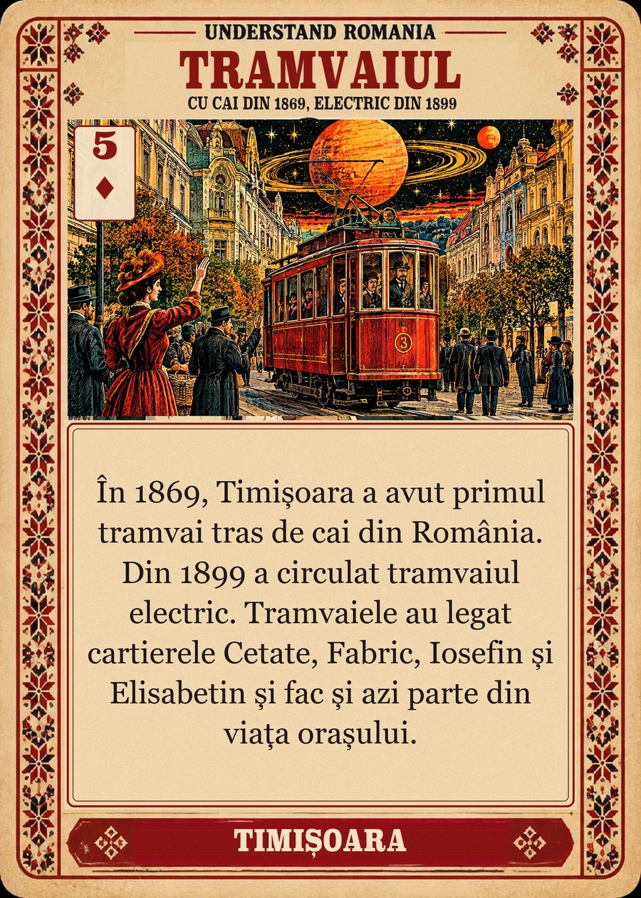 TRAMVAIUL — cu cai din 1869, electric din 1899. În 1869, Timișoara a avut primul tramvai tras de cai din România. Din 1899 a circulat tramvaiul electric. Tramvaiele au legat cartierele Cetate, Fabric, Iosefin și Elisabetin și fac și azi parte din viața orașului.
