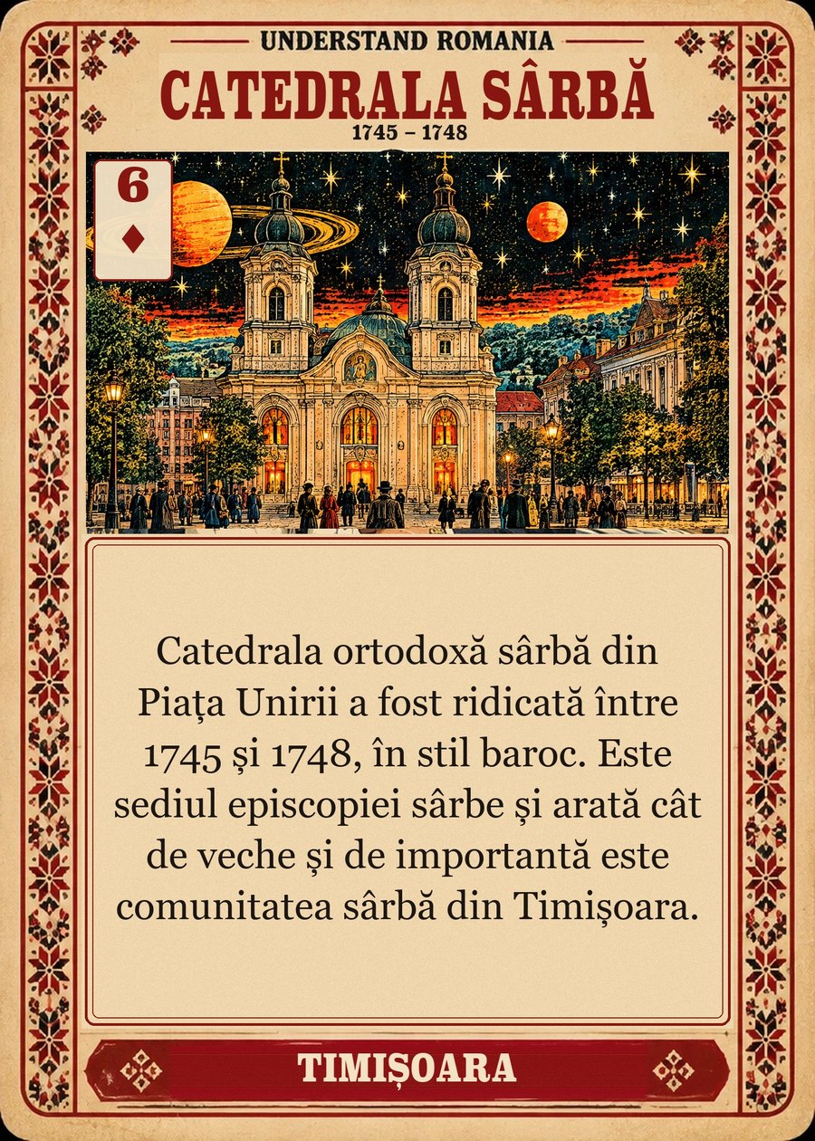 CATEDRALA SÂRBĂ — 1745 – 1748. Catedrala ortodoxă sârbă din Piața Unirii a fost ridicată între 1745 și 1748, în stil baroc. Este sediul episcopiei sârbe și arată cât de veche și de importantă este comunitatea sârbă din Timișoara.
