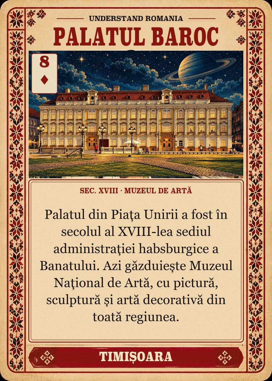 PALATUL BAROC — sec. XVIII · Muzeul de Artă. Palatul din Piața Unirii a fost în secolul al XVIII-lea sediul administrației habsburgice a Banatului. Azi găzduiește Muzeul Național de Artă, cu pictură, sculptură și artă decorativă din toată regiunea.