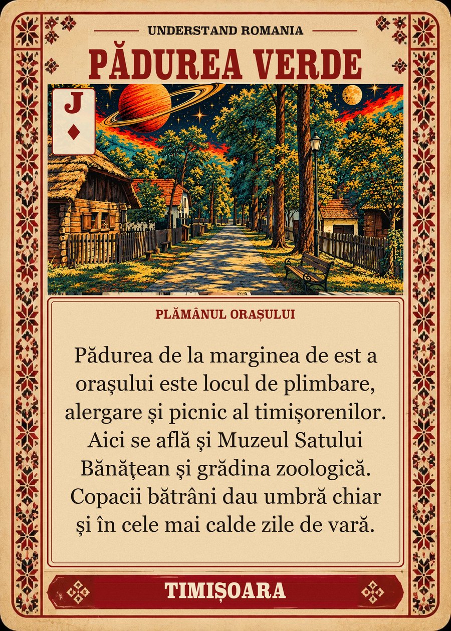 PĂDUREA VERDE — plămânul orașului. Pădurea de la marginea de est a orașului este locul de plimbare, alergare și picnic al timișorenilor. Aici se află și Muzeul Satului Bănățean și grădina zoologică. Copacii bătrâni dau umbră chiar și în cele mai calde zile de vară.