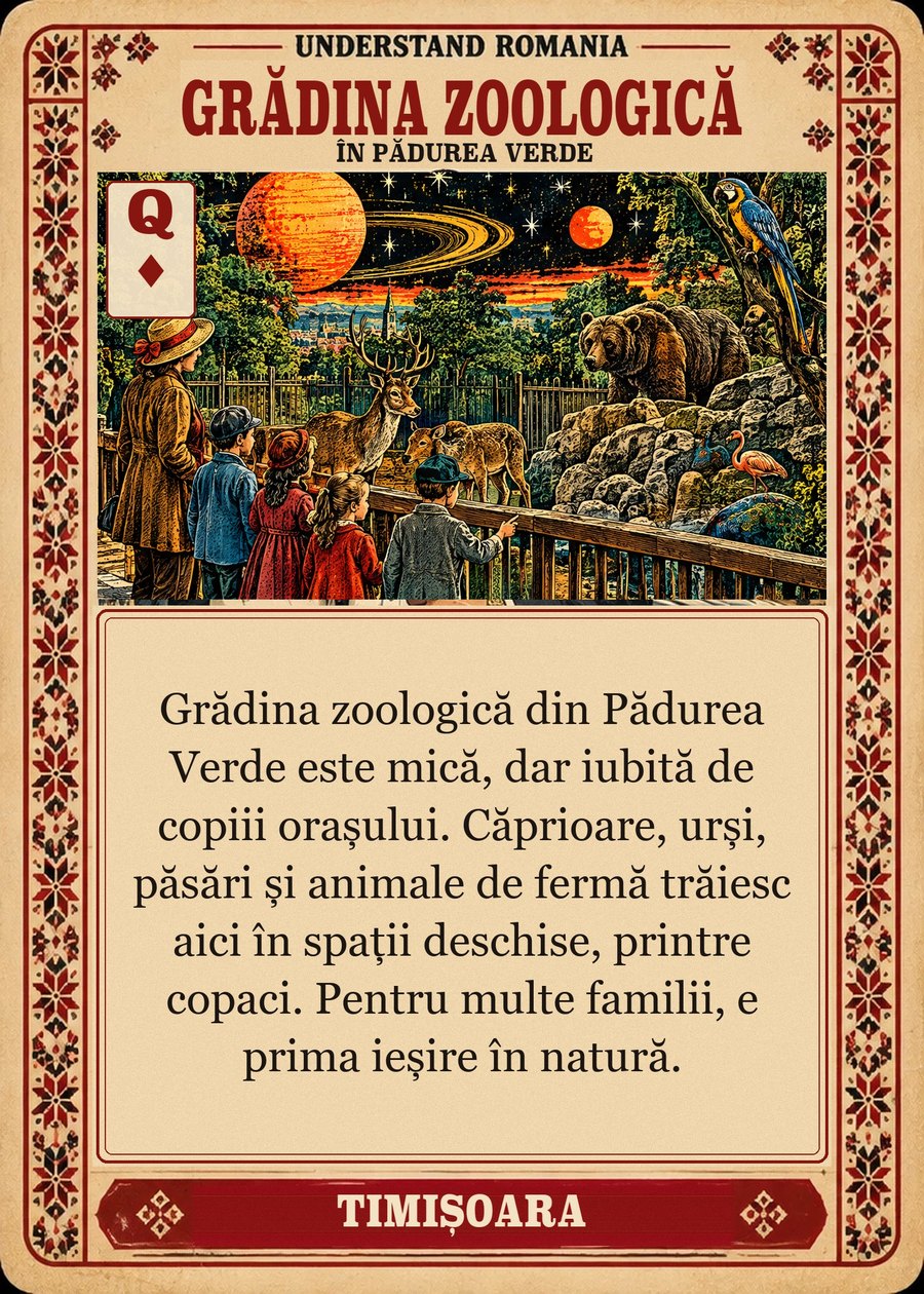 GRĂDINA ZOOLOGICĂ — în Pădurea Verde. Grădina zoologică din Pădurea Verde este mică, dar iubită de copiii orașului. Căprioare, urși, păsări și animale de fermă trăiesc aici în spații deschise, printre copaci. Pentru multe familii, e prima ieșire în natură.