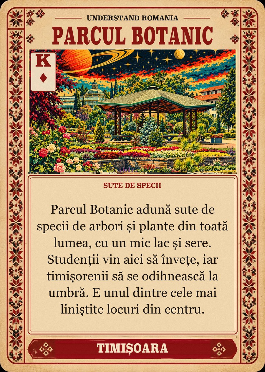 PARCUL BOTANIC — sute de specii. Parcul Botanic adună sute de specii de arbori și plante din toată lumea, cu un mic lac și sere. Studenții vin aici să învețe, iar timișorenii să se odihnească la umbră. E unul dintre cele mai liniștite locuri din centru.