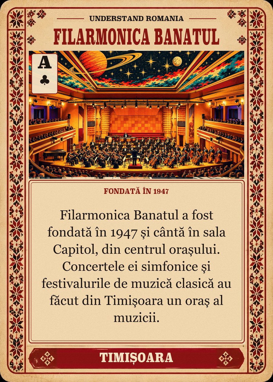 FILARMONICA BANATUL — fondată în 1947. Filarmonica Banatul a fost fondată în 1947 și cântă în sala Capitol, din centrul orașului. Concertele ei simfonice și festivalurile de muzică clasică au făcut din Timișoara un oraș al muzicii.