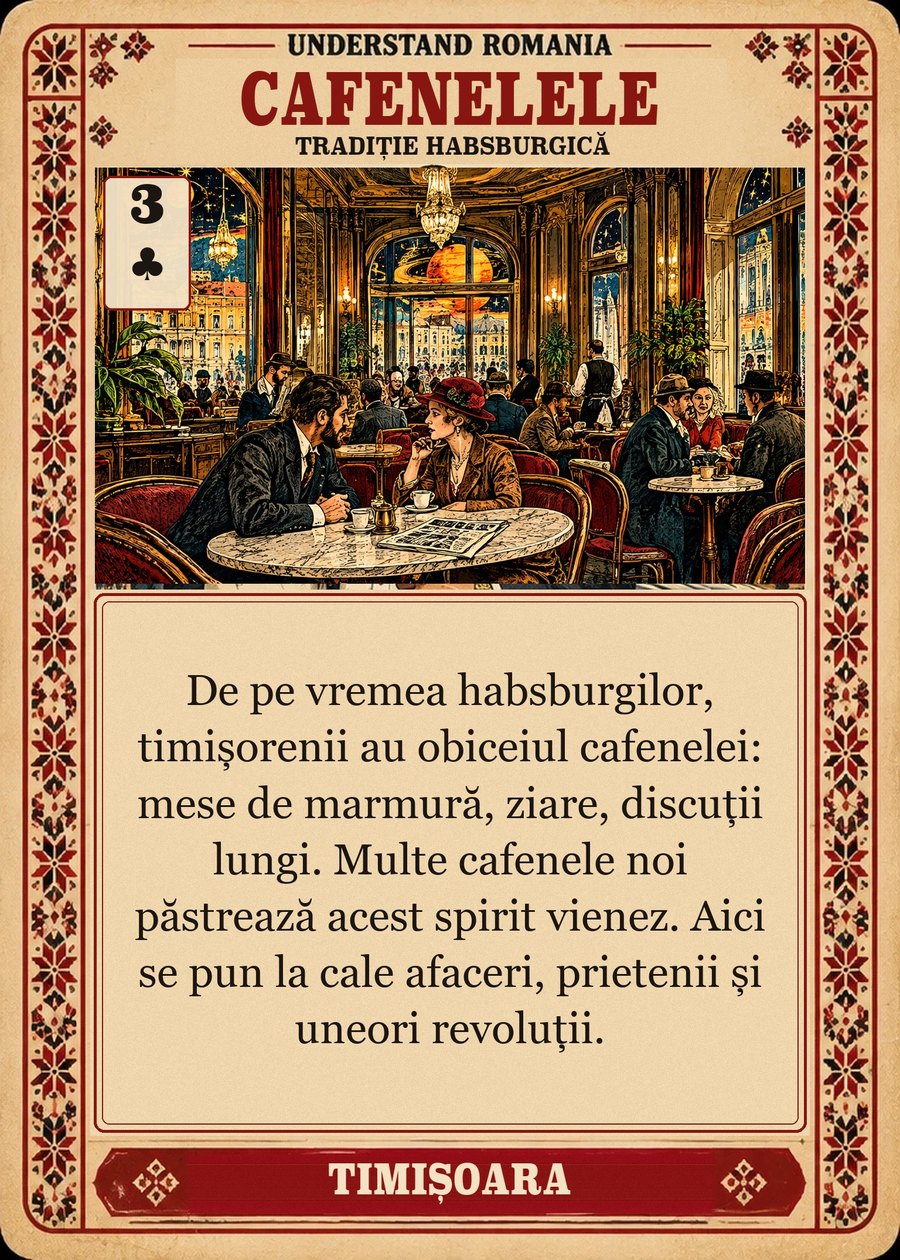 CAFENELELE — tradiție habsburgică. De pe vremea habsburgilor, timișorenii au obiceiul cafenelei: mese de marmură, ziare, discuții lungi. Multe cafenele noi păstrează acest spirit vienez. Aici se pun la cale afaceri, prietenii și uneori revoluții.