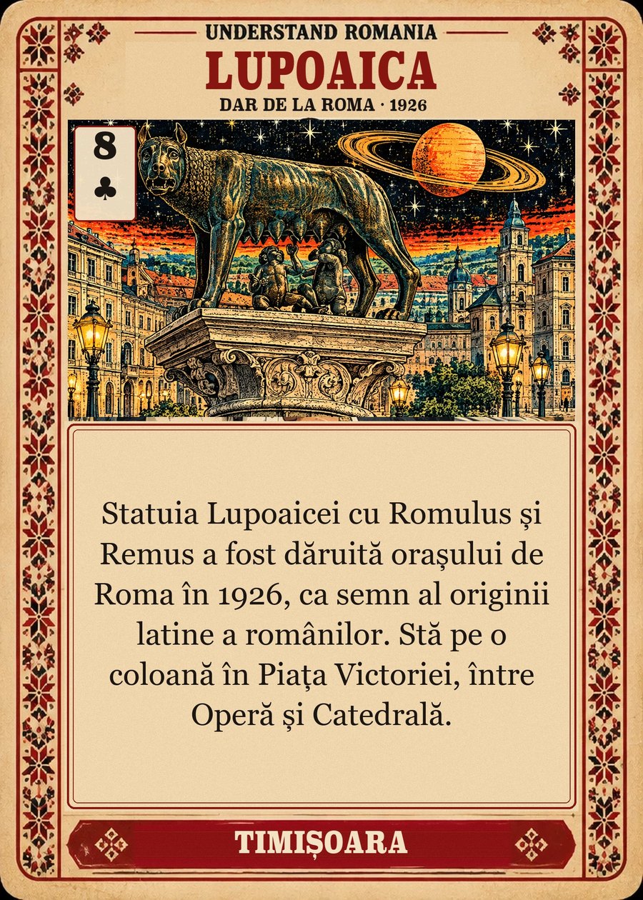 LUPOAICA — dar de la Roma · 1926. Statuia Lupoaicei cu Romulus și Remus a fost dăruită orașului de Roma în 1926, ca semn al originii latine a românilor. Stă pe o coloană în Piața Victoriei, între Operă și Catedrală.
