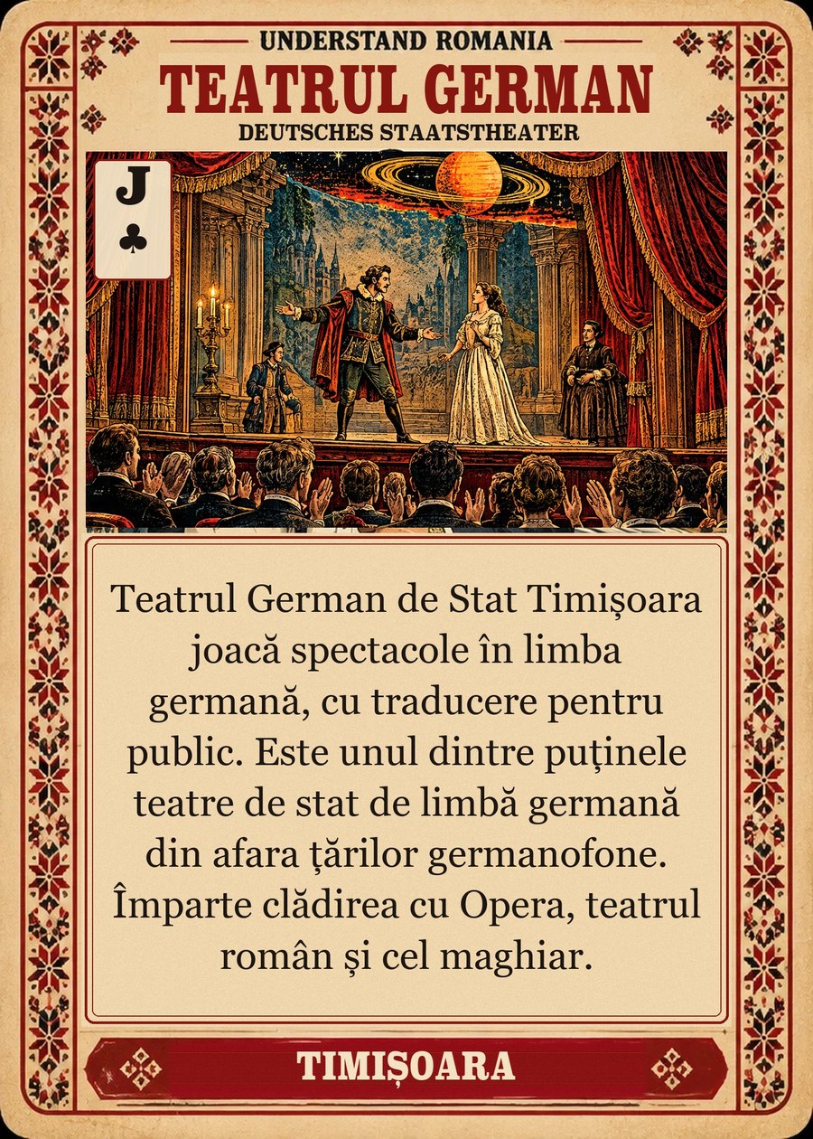TEATRUL GERMAN — Deutsches Staatstheater. Teatrul German de Stat Timișoara joacă spectacole în limba germană, cu traducere pentru public. Este unul dintre puținele teatre de stat de limbă germană din afara țărilor germanofone. Împarte clădirea cu Opera, teatrul român și cel maghiar.