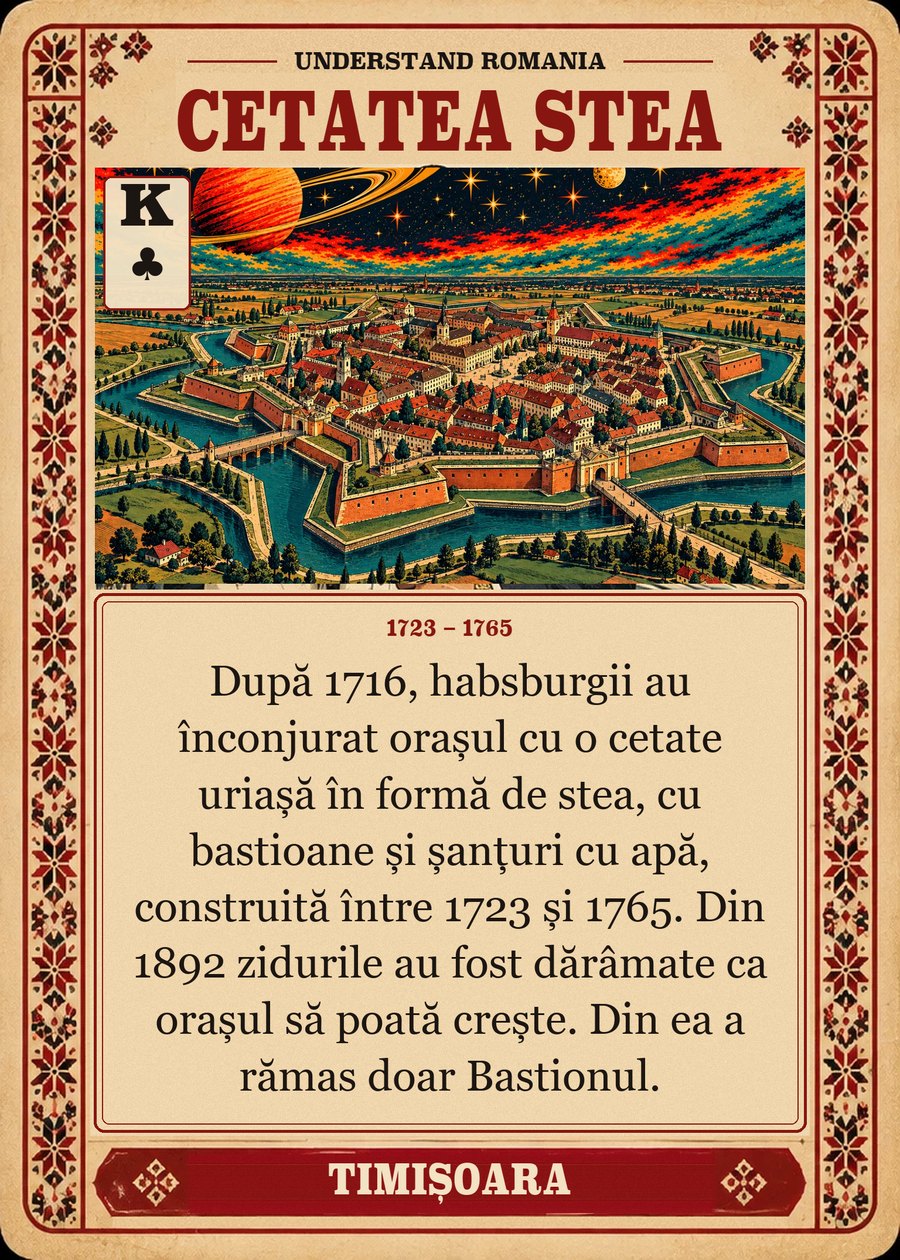 CETATEA STEA — 1723 – 1765. După 1716, habsburgii au înconjurat orașul cu o cetate uriașă în formă de stea, cu bastioane și șanțuri cu apă, construită între 1723 și 1765. Din 1892 zidurile au fost dărâmate ca orașul să poată crește. Din ea a rămas doar Bastionul.