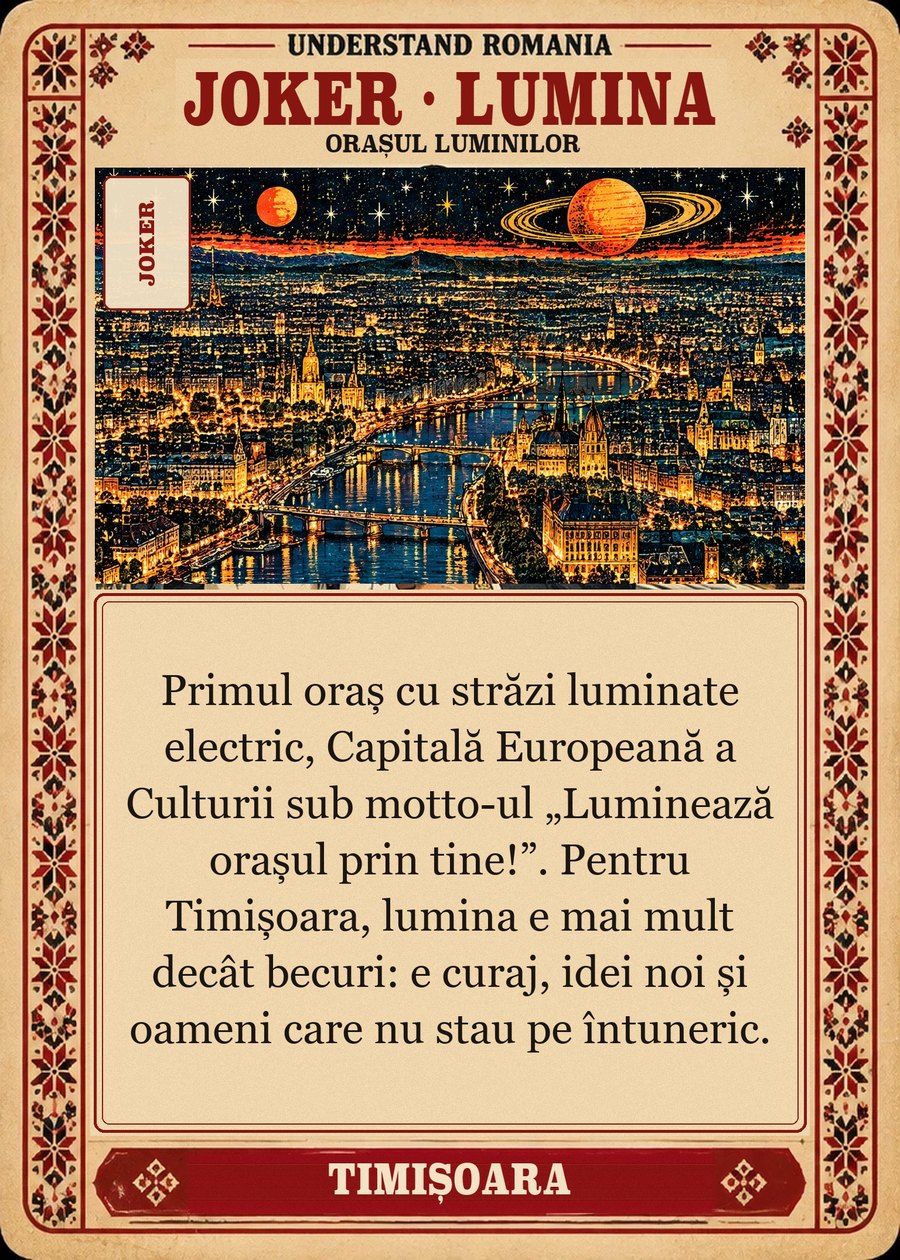 JOKER · LUMINA — orașul luminilor. Primul oraș din Europa continentală cu străzi luminate electric, Capitală Europeană a Culturii sub motto-ul „Luminează orașul prin tine!”. Pentru Timișoara, lumina e mai mult decât becuri: e curaj, idei noi și oameni care nu stau pe întuneric.