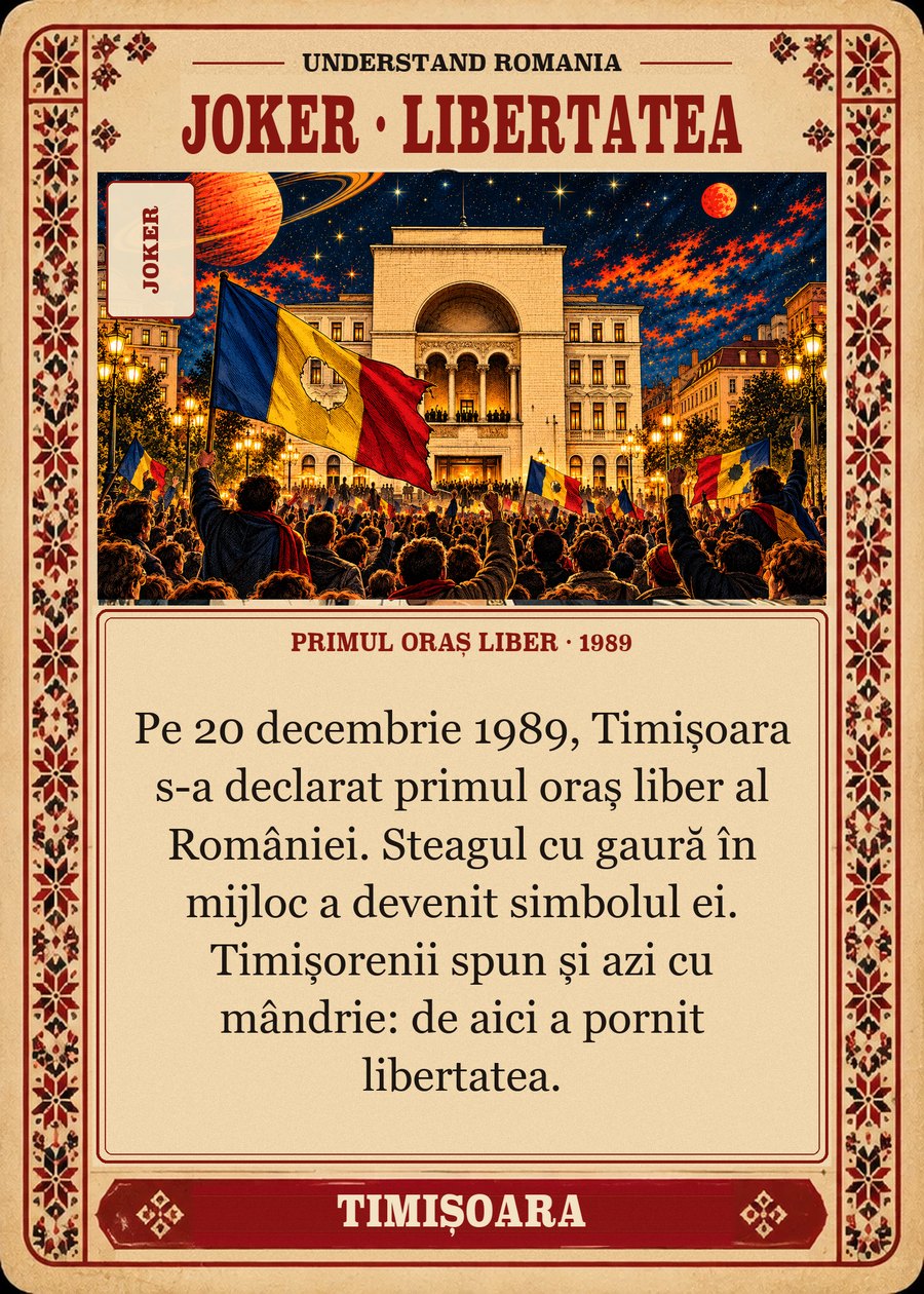 JOKER · LIBERTATEA — primul oraș liber · 1989. Pe 20 decembrie 1989, Timișoara s-a declarat primul oraș liber al României. Steagul cu gaură în mijloc a devenit simbolul ei. Timișorenii spun și azi cu mândrie: de aici a pornit libertatea.