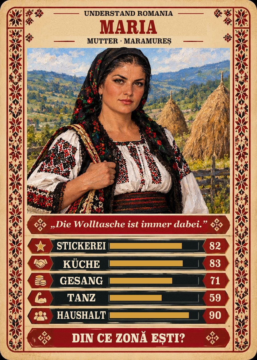 MARIA — Mutter · Maramureș. Die Wolltasche ist immer dabei. (Stickerei 82, Küche 83, Gesang 71, Tanz 59, Haushalt 90)