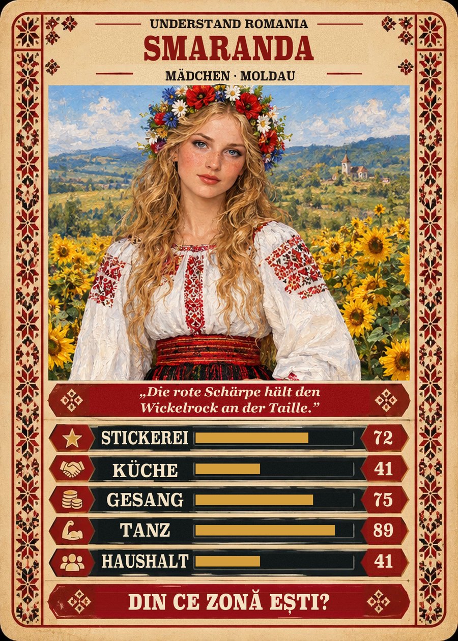 SMARANDA — Mädchen · Moldau. Die rote Schärpe hält den Wickelrock an der Taille. (Stickerei 72, Küche 41, Gesang 75, Tanz 89, Haushalt 41)