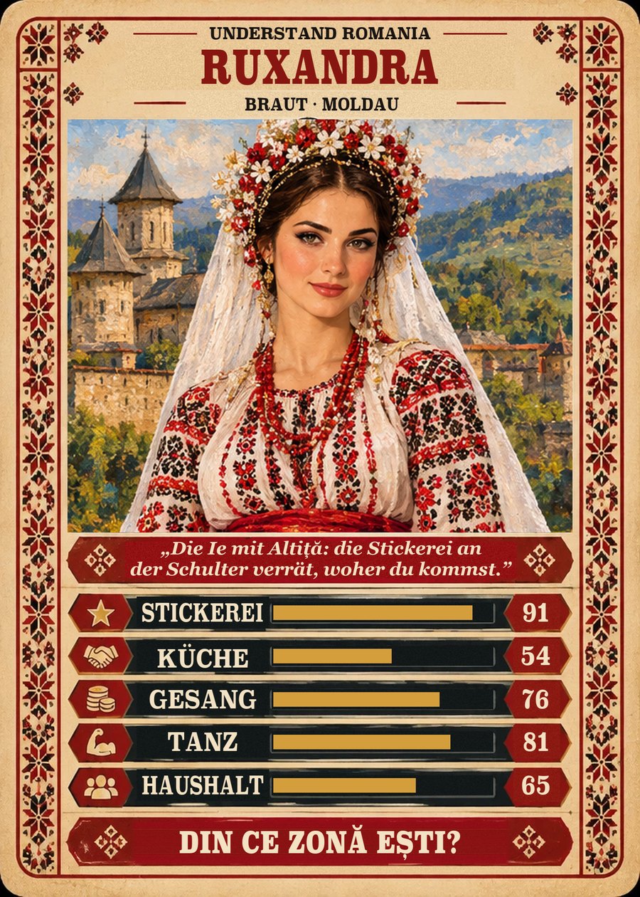 RUXANDRA — Braut · Moldau. Die Ie mit Altiță: die Stickerei an der Schulter verrät, woher du kommst. (Stickerei 91, Küche 54, Gesang 76, Tanz 81, Haushalt 65)