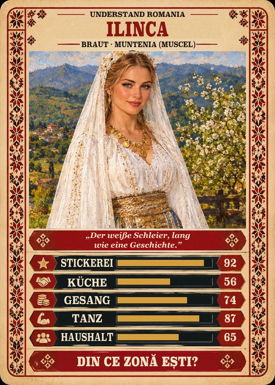ILINCA — Braut · Muntenia (Muscel). Der weiße Schleier, lang wie eine Geschichte. (Stickerei 92, Küche 56, Gesang 74, Tanz 87, Haushalt 65)