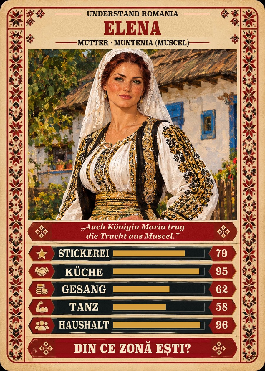 ELENA — Mutter · Muntenia (Muscel). Auch Königin Maria trug die Tracht aus Muscel. (Stickerei 79, Küche 95, Gesang 62, Tanz 58, Haushalt 96)