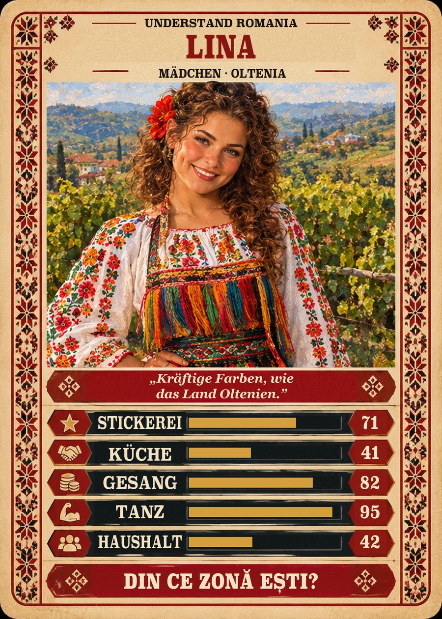 LINA — Mädchen · Oltenia. Kräftige Farben, wie das Land Oltenien. (Stickerei 71, Küche 41, Gesang 82, Tanz 95, Haushalt 42)