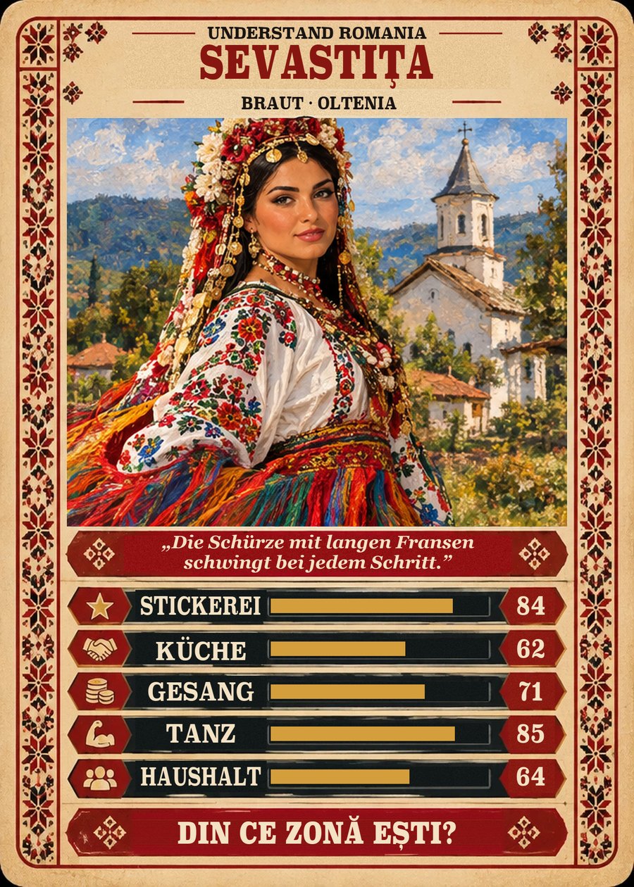 SEVASTIȚA — Braut · Oltenia. Die Schürze mit langen Fransen schwingt bei jedem Schritt. (Stickerei 84, Küche 62, Gesang 71, Tanz 85, Haushalt 64)