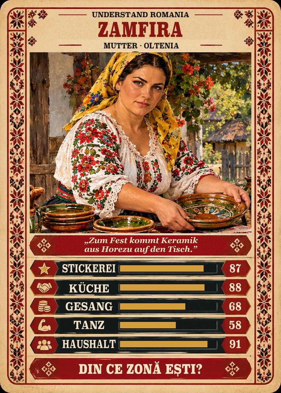 ZAMFIRA — Mutter · Oltenia. Zum Fest kommt Keramik aus Horezu auf den Tisch. (Stickerei 87, Küche 88, Gesang 68, Tanz 58, Haushalt 91)