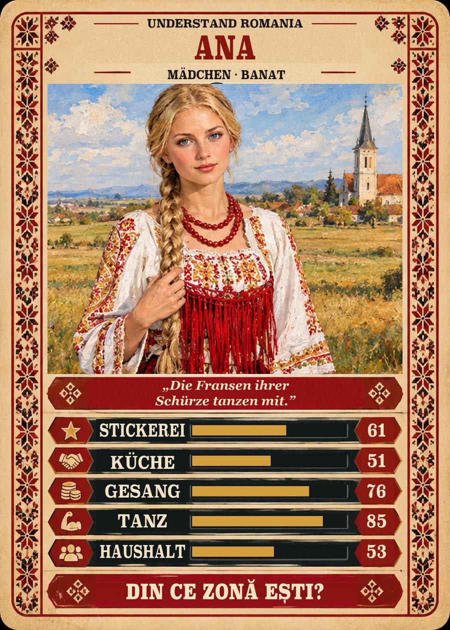 ANA — Mädchen · Banat. Die Fransen ihrer Schürze tanzen mit. (Stickerei 61, Küche 51, Gesang 76, Tanz 85, Haushalt 53)