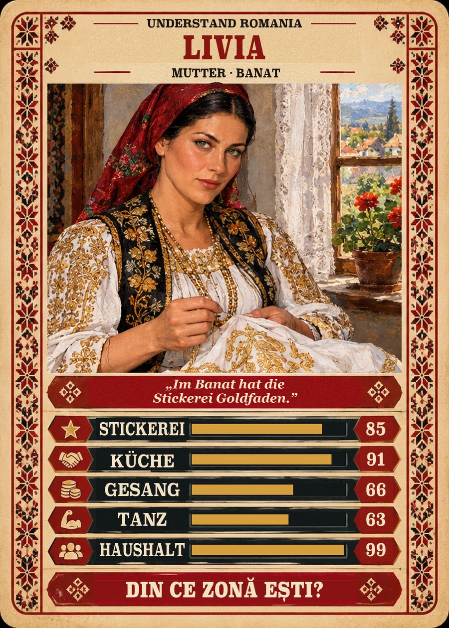 LIVIA — Mutter · Banat. Im Banat hat die Stickerei Goldfaden. (Stickerei 85, Küche 91, Gesang 66, Tanz 63, Haushalt 99)