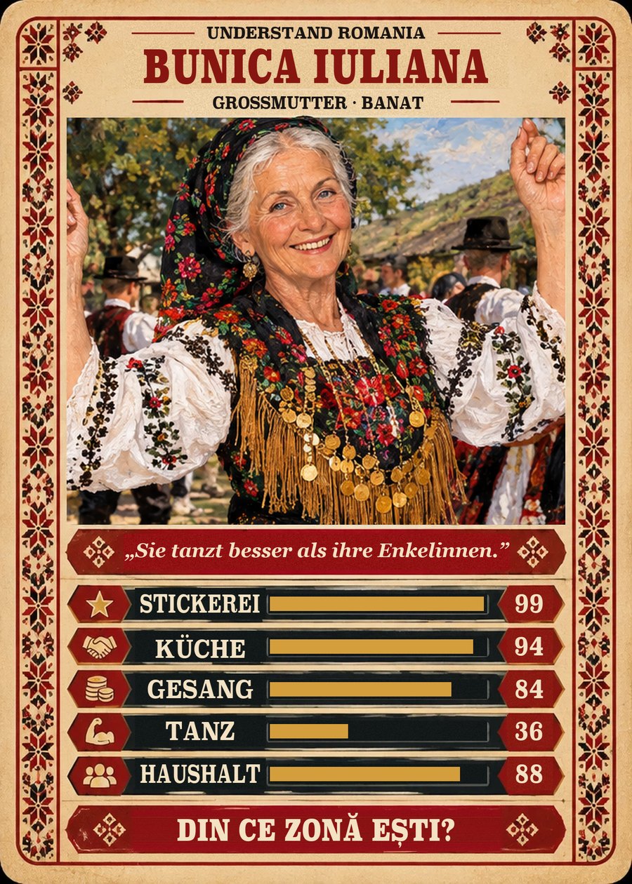 BUNICA IULIANA — Großmutter · Banat. Sie tanzt besser als ihre Enkelinnen. (Stickerei 99, Küche 94, Gesang 84, Tanz 36, Haushalt 88)
