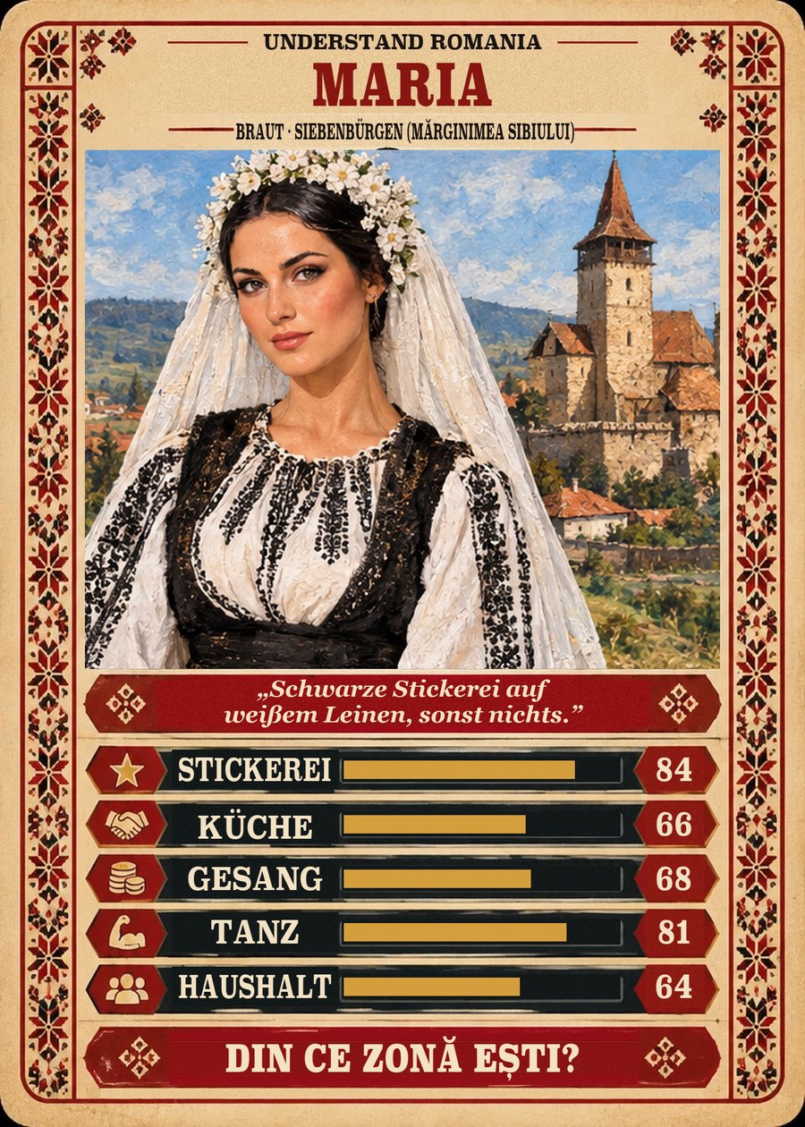 MARIA — Braut · Siebenbürgen (Mărginimea Sibiului). Schwarze Stickerei auf weißem Leinen, sonst nichts. (Stickerei 84, Küche 66, Gesang 68, Tanz 81, Haushalt 64)