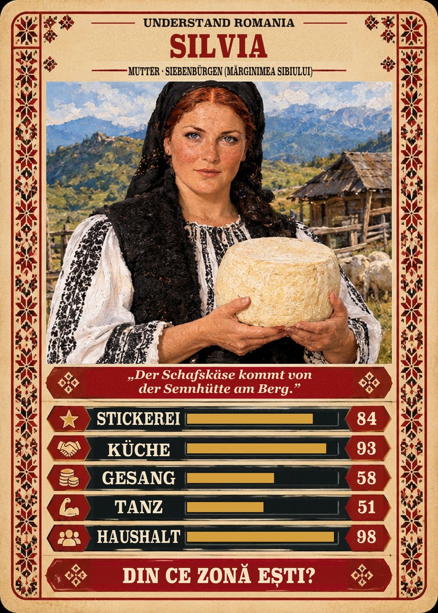 SILVIA — Mutter · Siebenbürgen (Mărginimea Sibiului). Der Schafskäse kommt von der Sennhütte am Berg. (Stickerei 84, Küche 93, Gesang 58, Tanz 51, Haushalt 98)