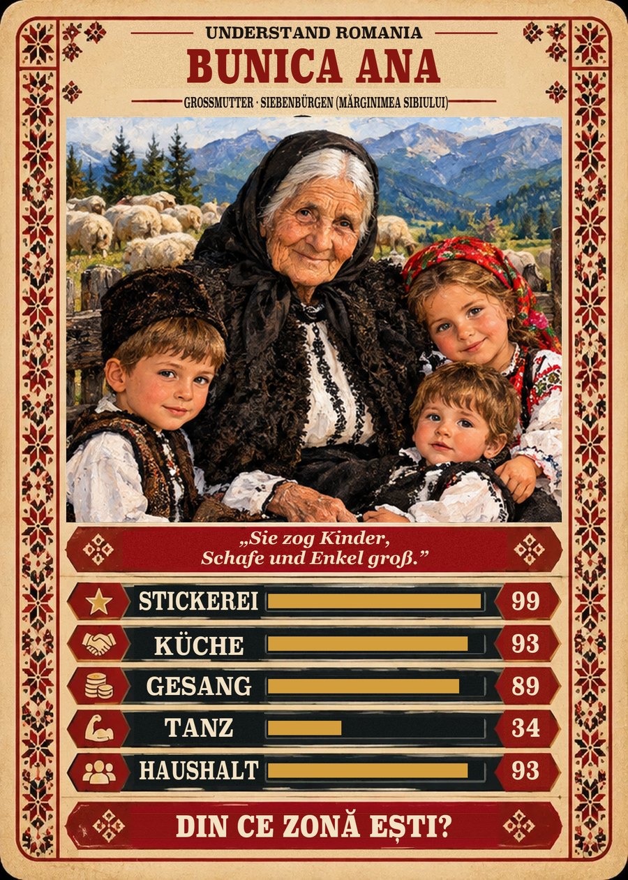 BUNICA ANA — Großmutter · Siebenbürgen (Mărginimea Sibiului). Sie zog Kinder, Schafe und Enkel groß. (Stickerei 99, Küche 93, Gesang 89, Tanz 34, Haushalt 93)