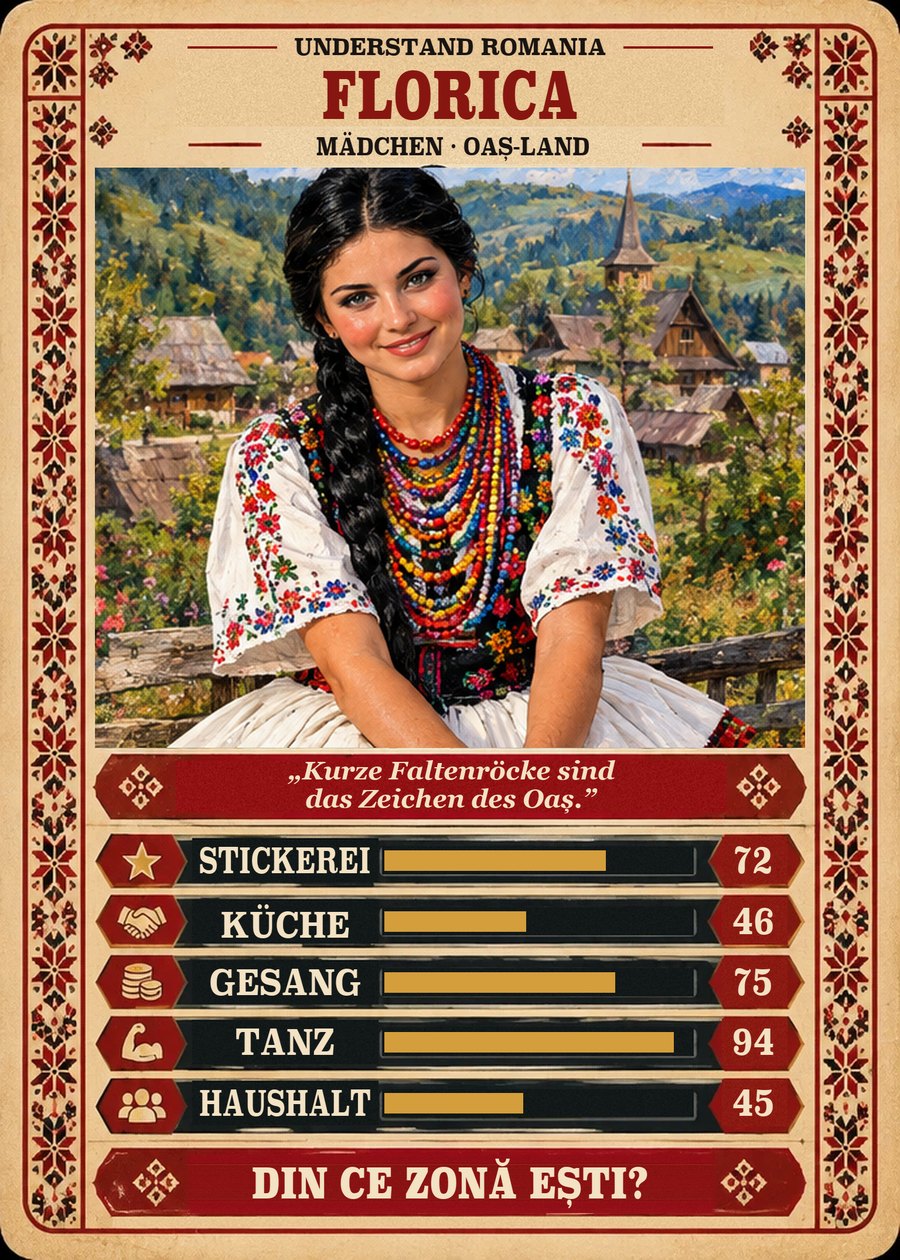 FLORICA — Mädchen · Oaș-Land. Kurze Faltenröcke sind das Zeichen des Oaș. (Stickerei 72, Küche 46, Gesang 75, Tanz 94, Haushalt 45)