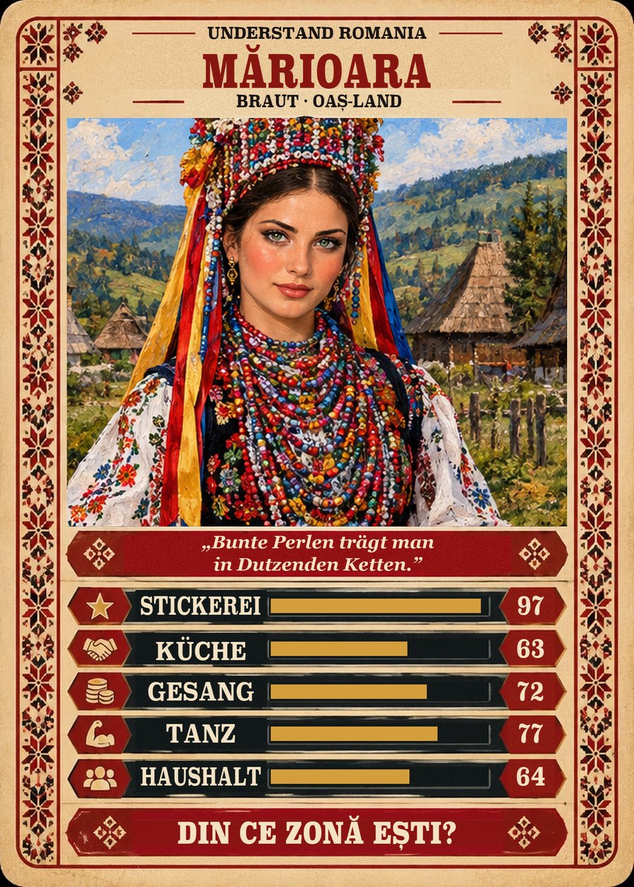 MĂRIOARA — Braut · Oaș-Land. Bunte Perlen trägt man in Dutzenden Ketten. (Stickerei 97, Küche 63, Gesang 72, Tanz 77, Haushalt 64)